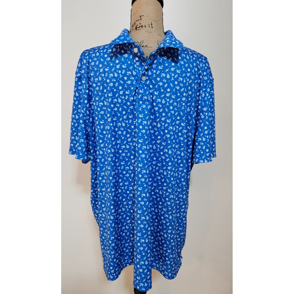 IZOD GOLF Mens XXL Blue Tropical Print Short Sleeve Polo Shirt Golf